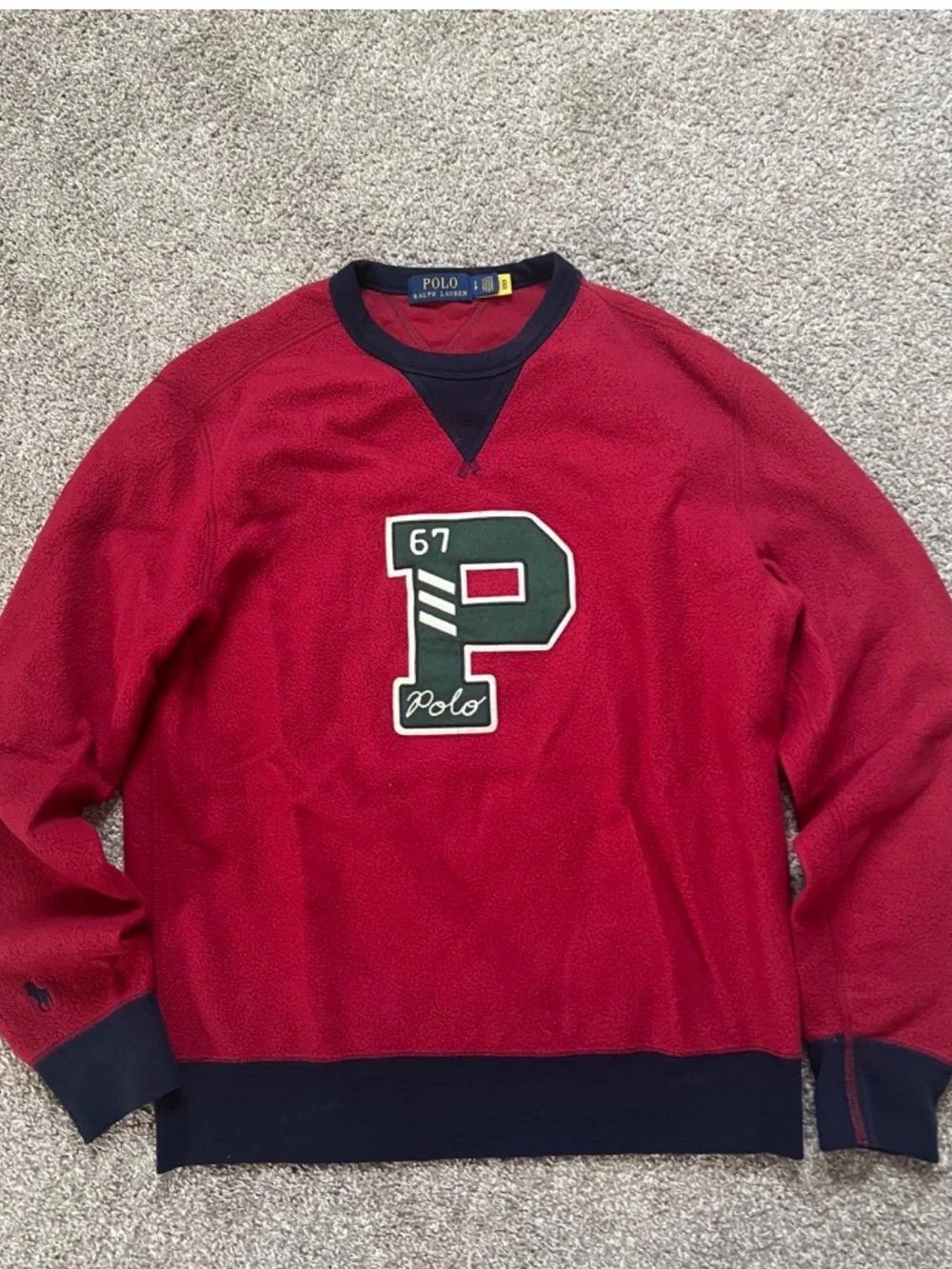 Polo by Ralph Lauren Red Crewneck Sweatshirt with Navy Trim and Green Patch